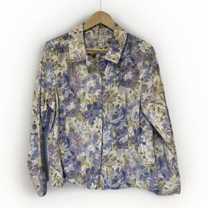 Vtg Croft & Barrow Womens Y2K Ivory Purple Floral Light Jean Jacket L Gardencore